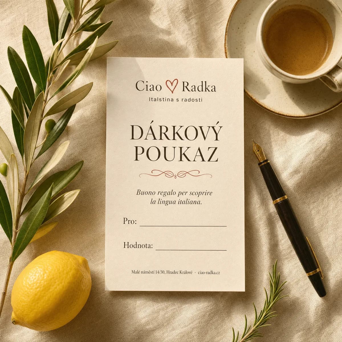 Dárkový poukaz Ciao Radka — italský design v krémových a olivově zelených tónech